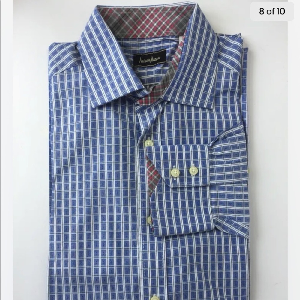 Nieman Marcus Men Long Sleeve Dress Shirt Blue White Check Medium Cotton